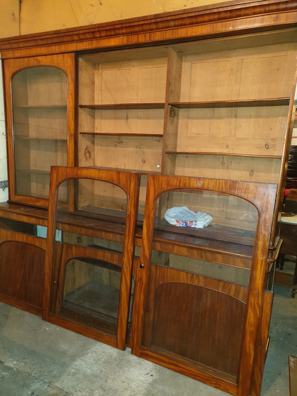 Large Victorian mahogany library bookcase with sliding doors  View II