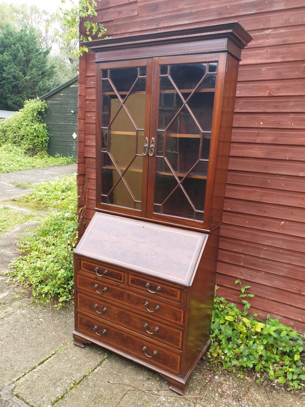 Good Edwardian inlaid mahogany bureau bookcase  View II