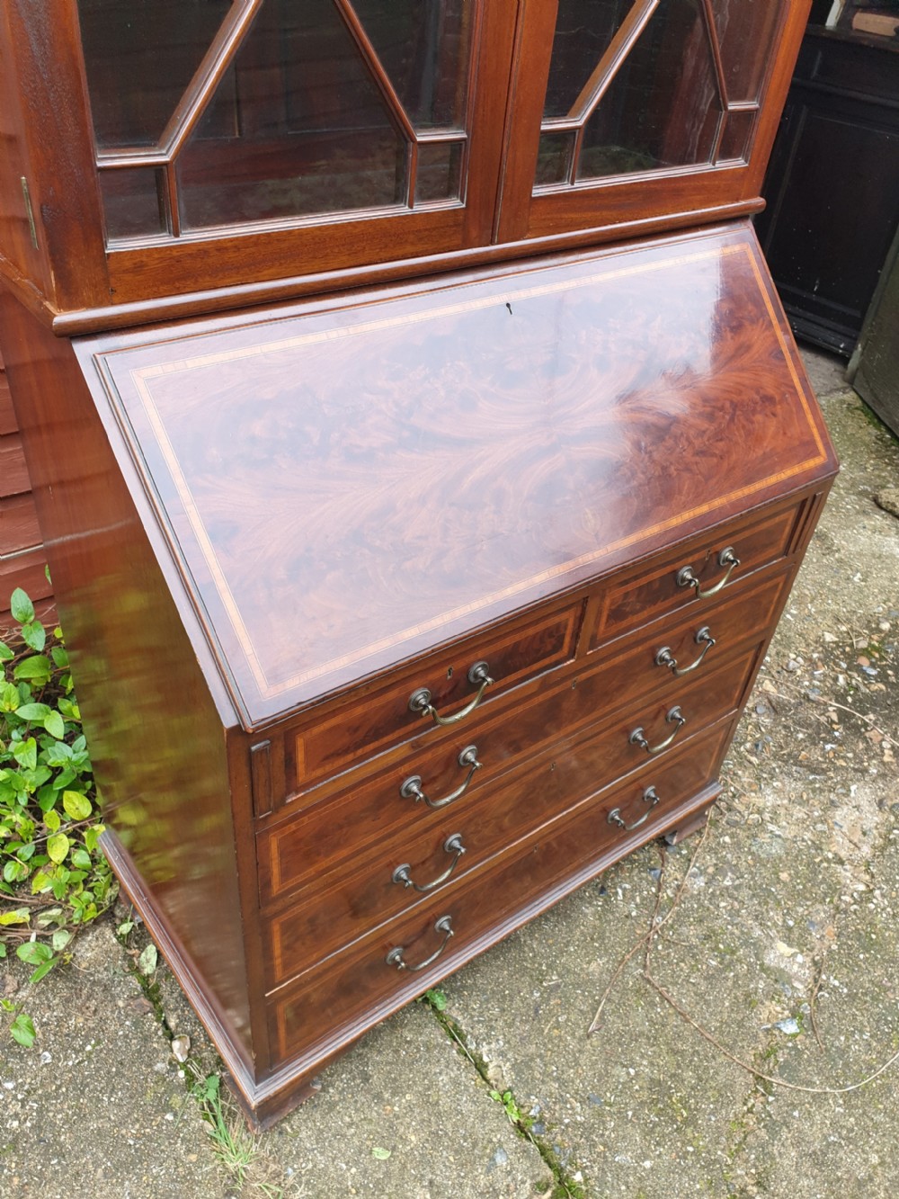Good Edwardian inlaid mahogany bureau bookcase  View III