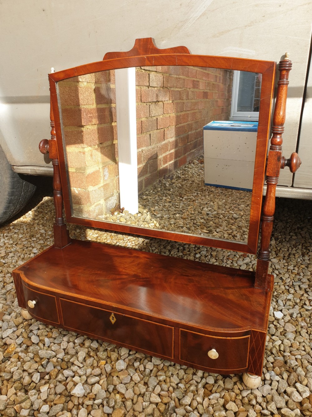 Early 19th century inlaid mahogany dressing table mirror.  View II