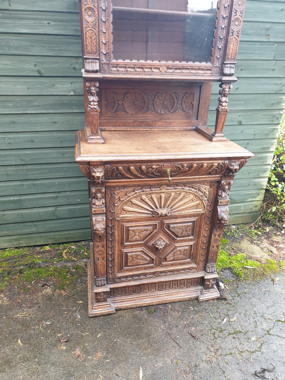 Late Victorian carved oak 2 part cabinet  View II