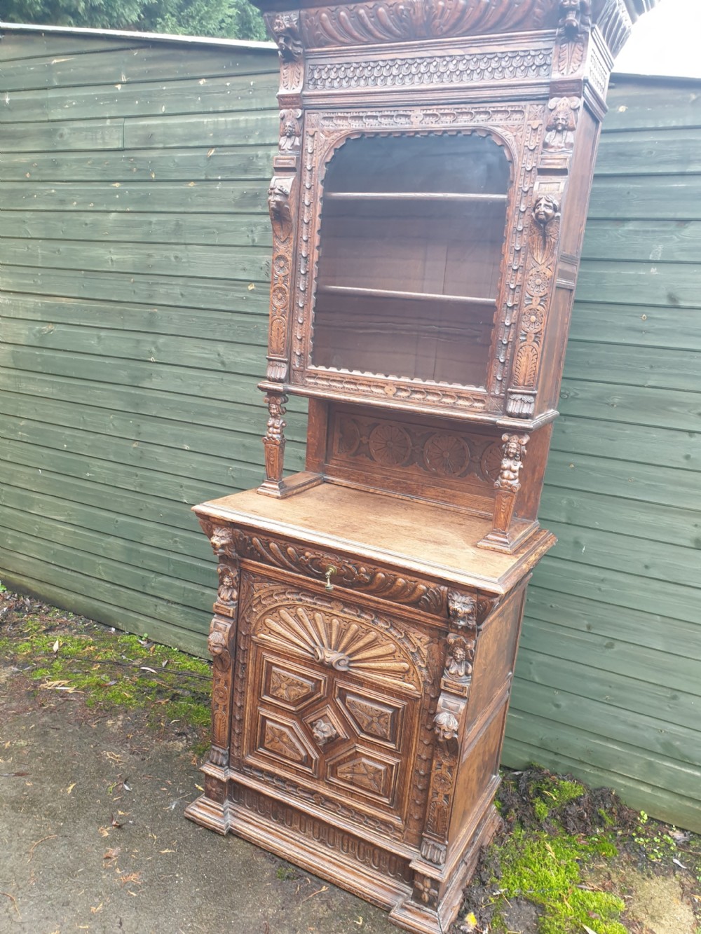 Late Victorian carved oak 2 part cabinet  View III