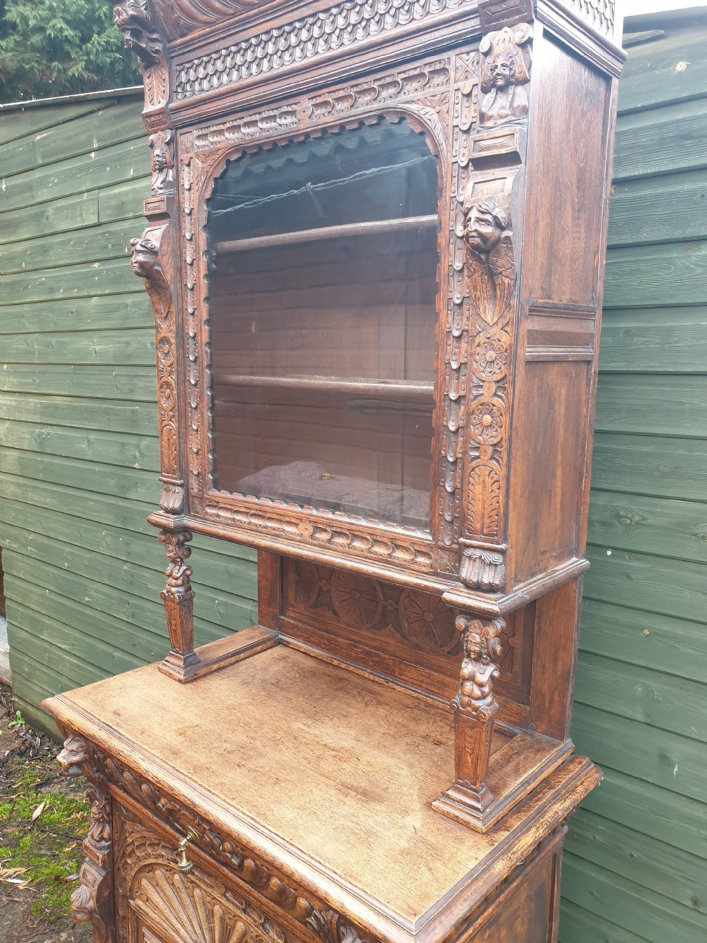 Late Victorian carved oak 2 part cabinet  View IV