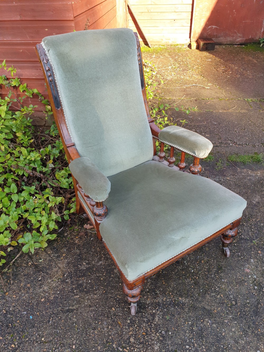 Victorian oak frame upholstered bedroom armchair  View II