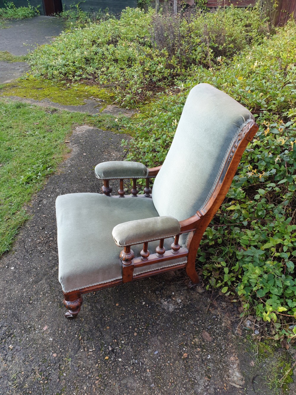Victorian oak frame upholstered bedroom armchair  View III