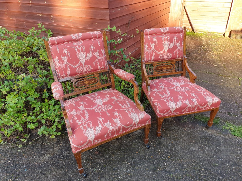 Pair of inlaid rosewood upholstered bedroom chairs 
