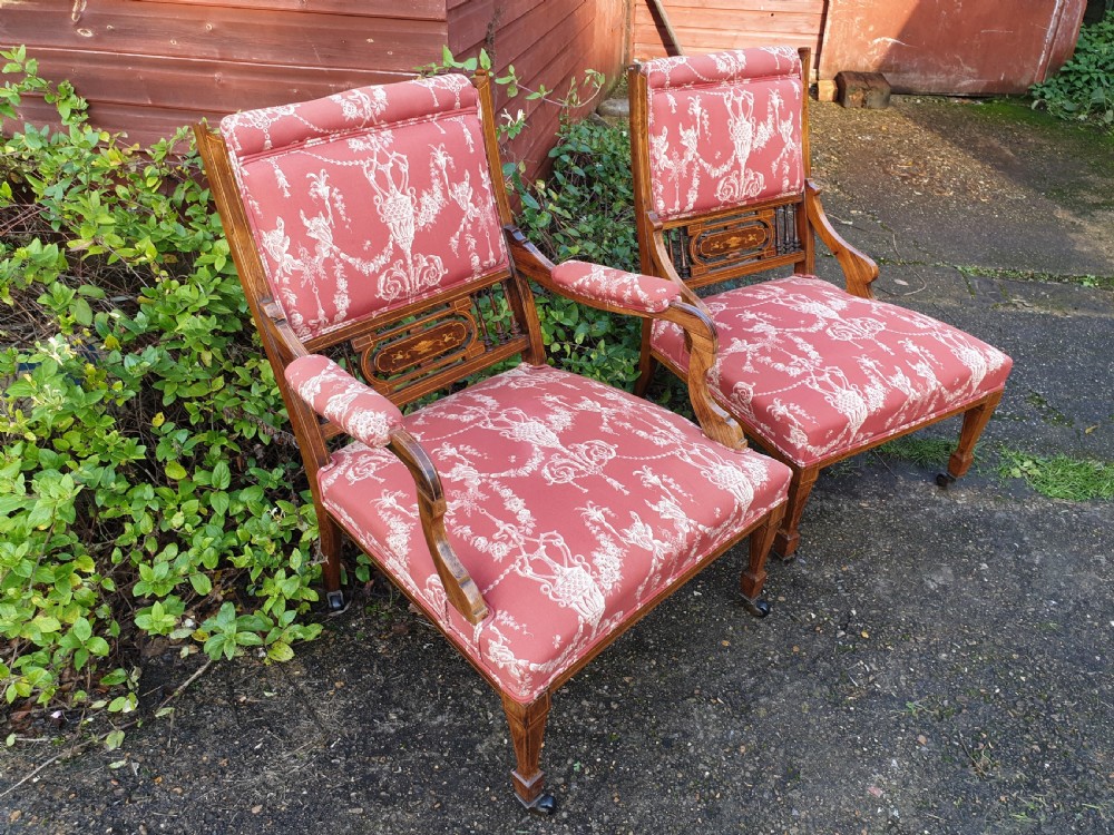 Pair of inlaid rosewood upholstered bedroom chairs  View II