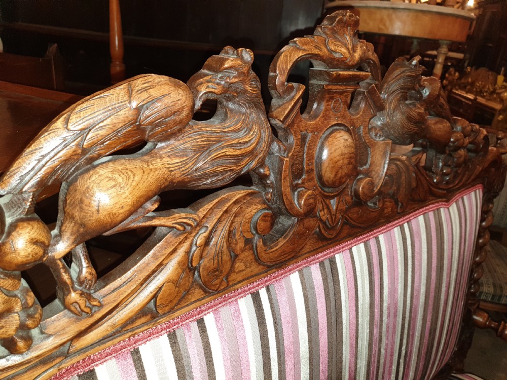 Large Victorian carved oak hall seat View III