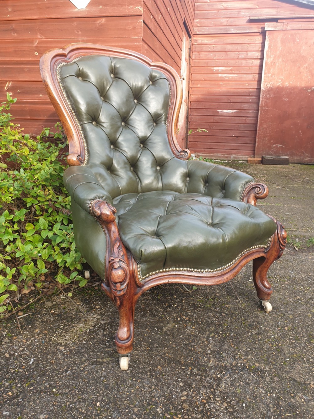 Victorian mahogany frame leather upholstered library armchair  View II