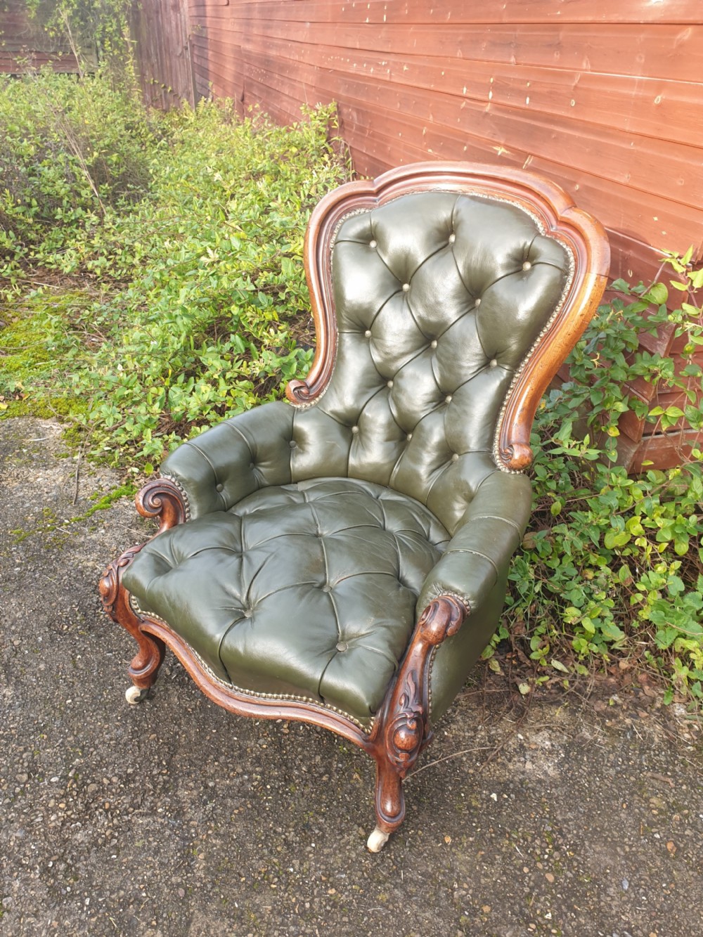 Victorian mahogany frame leather upholstered library armchair  View III