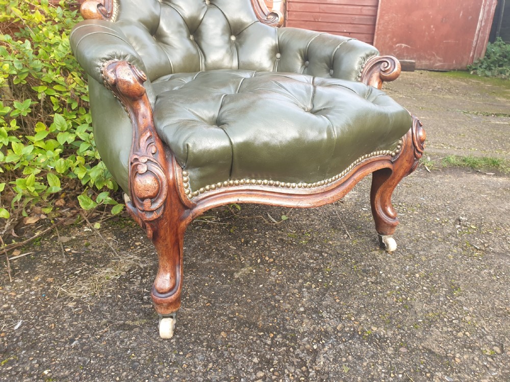 Victorian mahogany frame leather upholstered library armchair  View IV