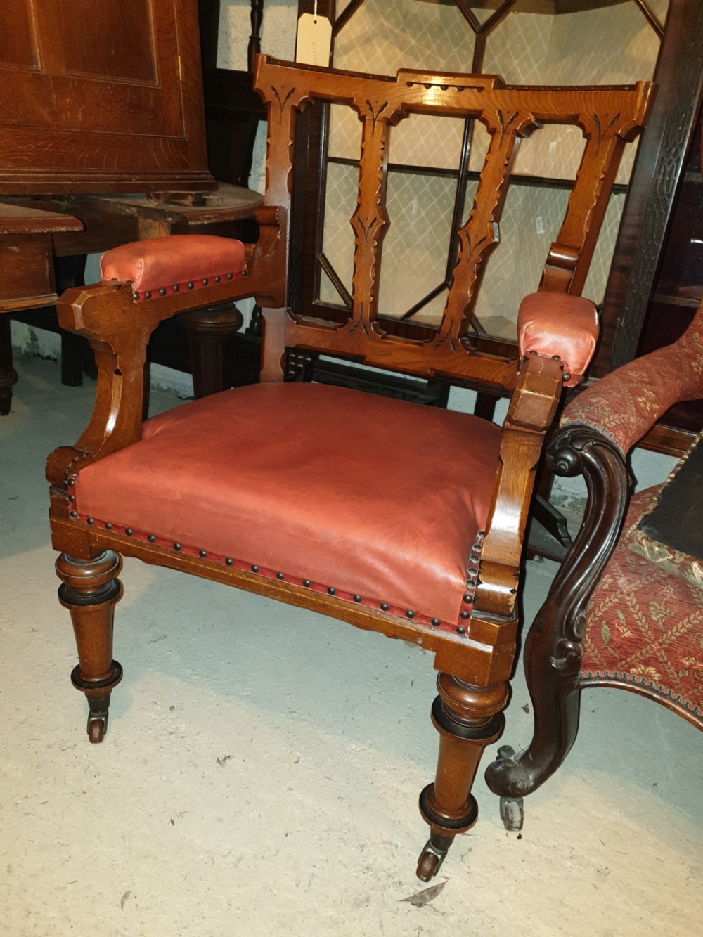 Good and solid Victorian oak desk armchair.  View II