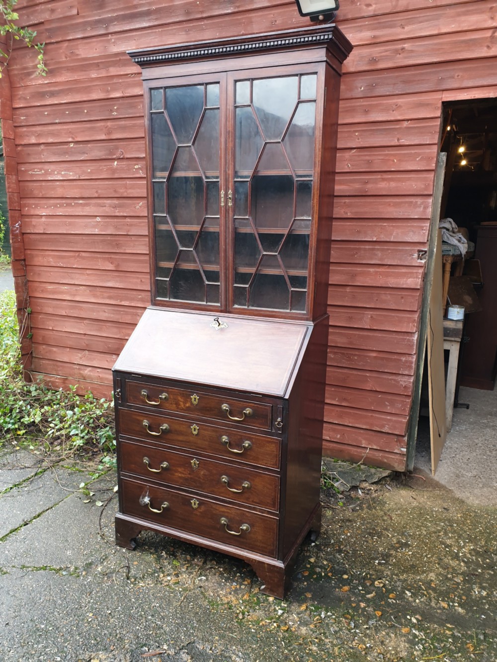 Neat early 19th century inlaid mahogany bureau bookcase  View V