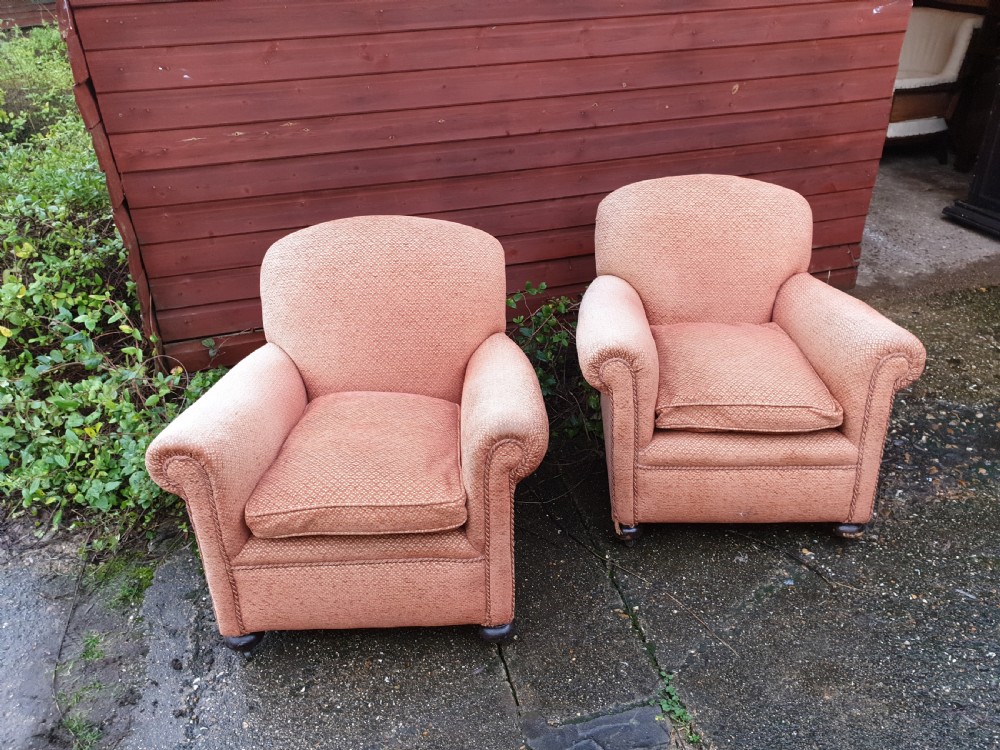Pair of upholstered early 20th century easy chairs  View II