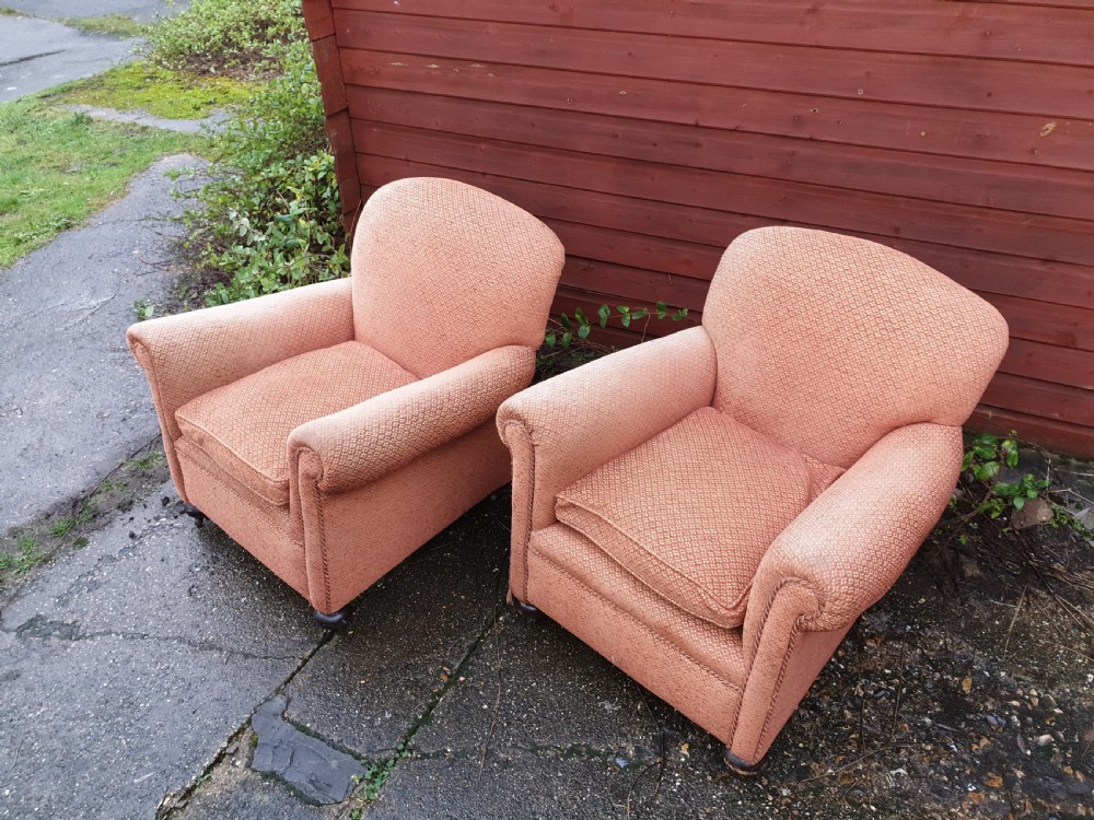 Pair of upholstered early 20th century easy chairs  View III