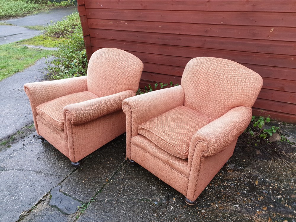 Pair of upholstered early 20th century easy chairs  View IV