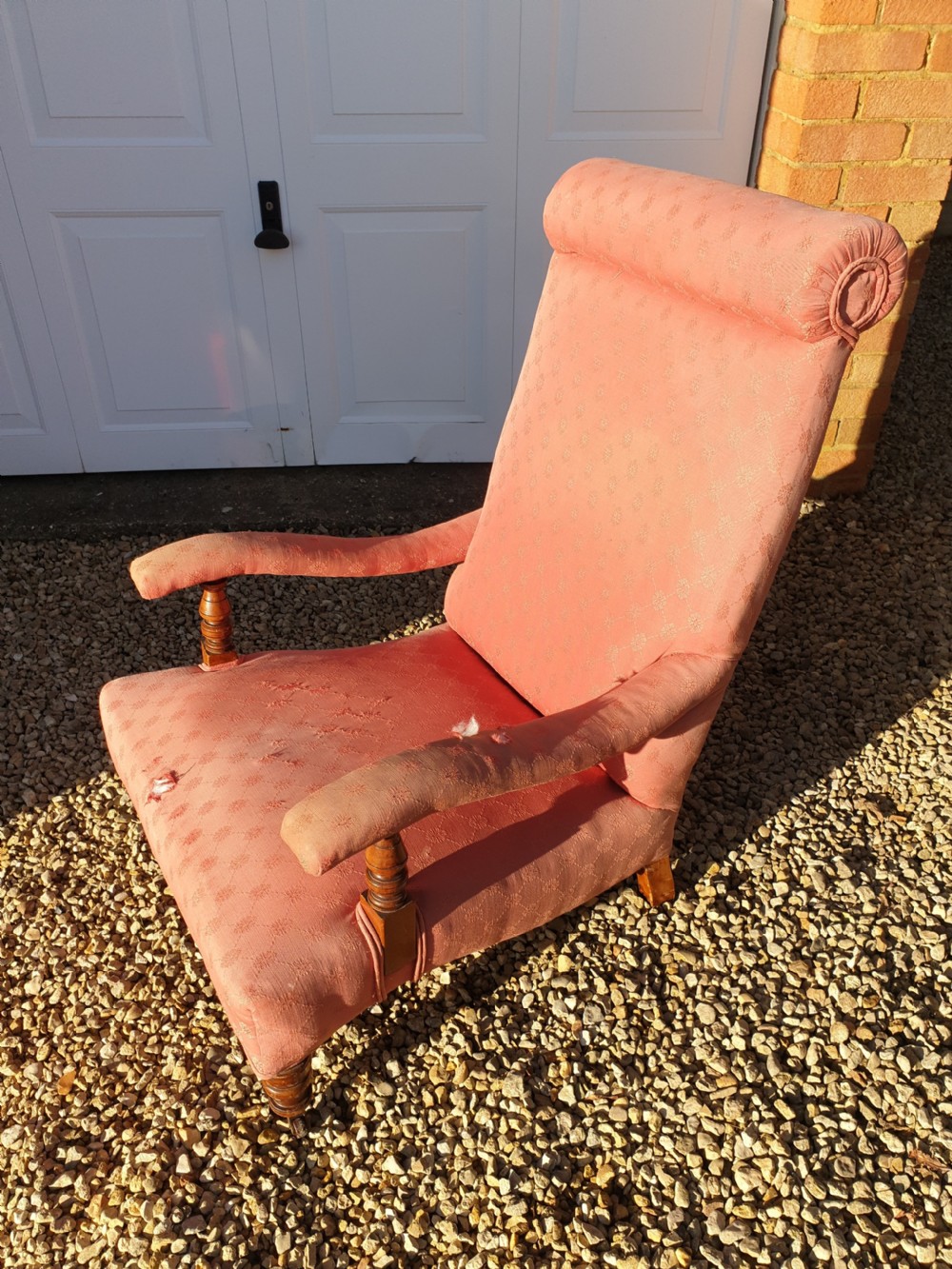 Late Victorian upholstered high back open arm armchair  View II