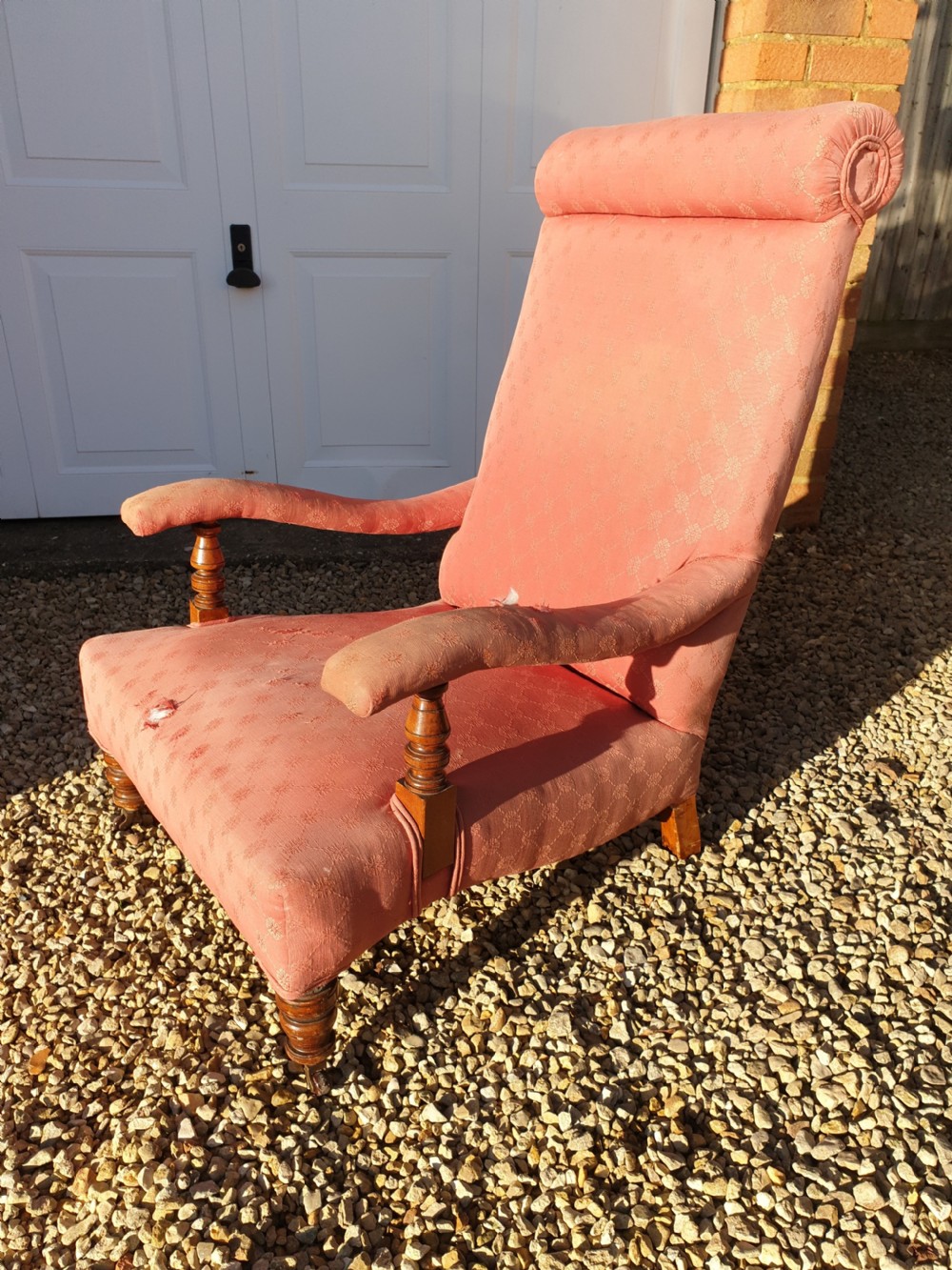 Late Victorian upholstered high back open arm armchair  View III