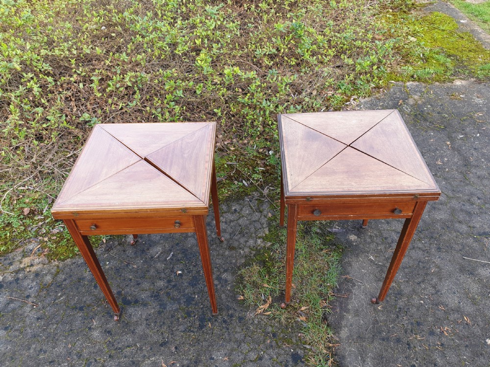 Pair of Edwardian inlaid mahogany card tables View II