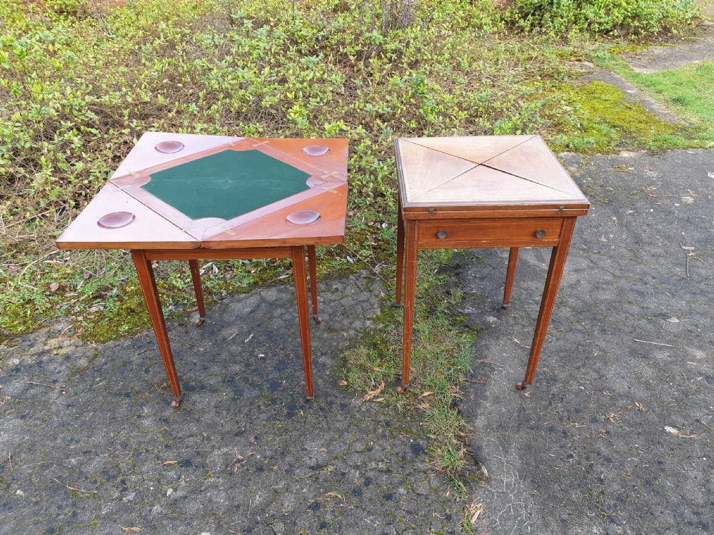 Pair of Edwardian inlaid mahogany card tables View III