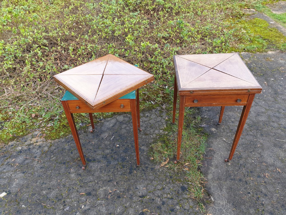 Pair of Edwardian inlaid mahogany card tables View V