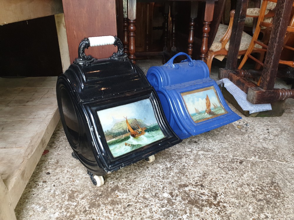 2 19th century coal scuttles with paintings to the lids 