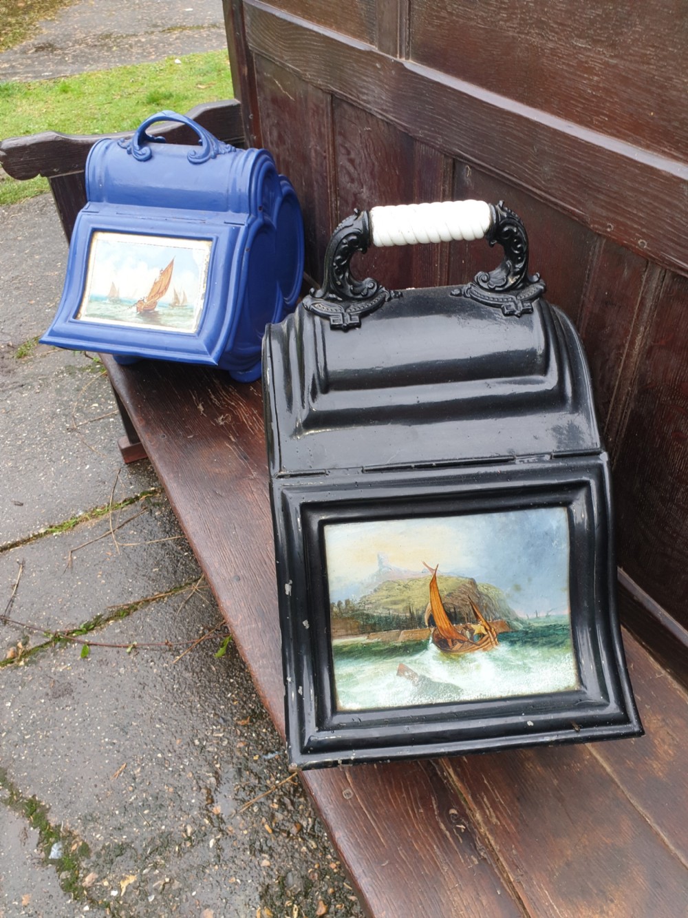 2 19th century coal scuttles with paintings to the lids  View II
