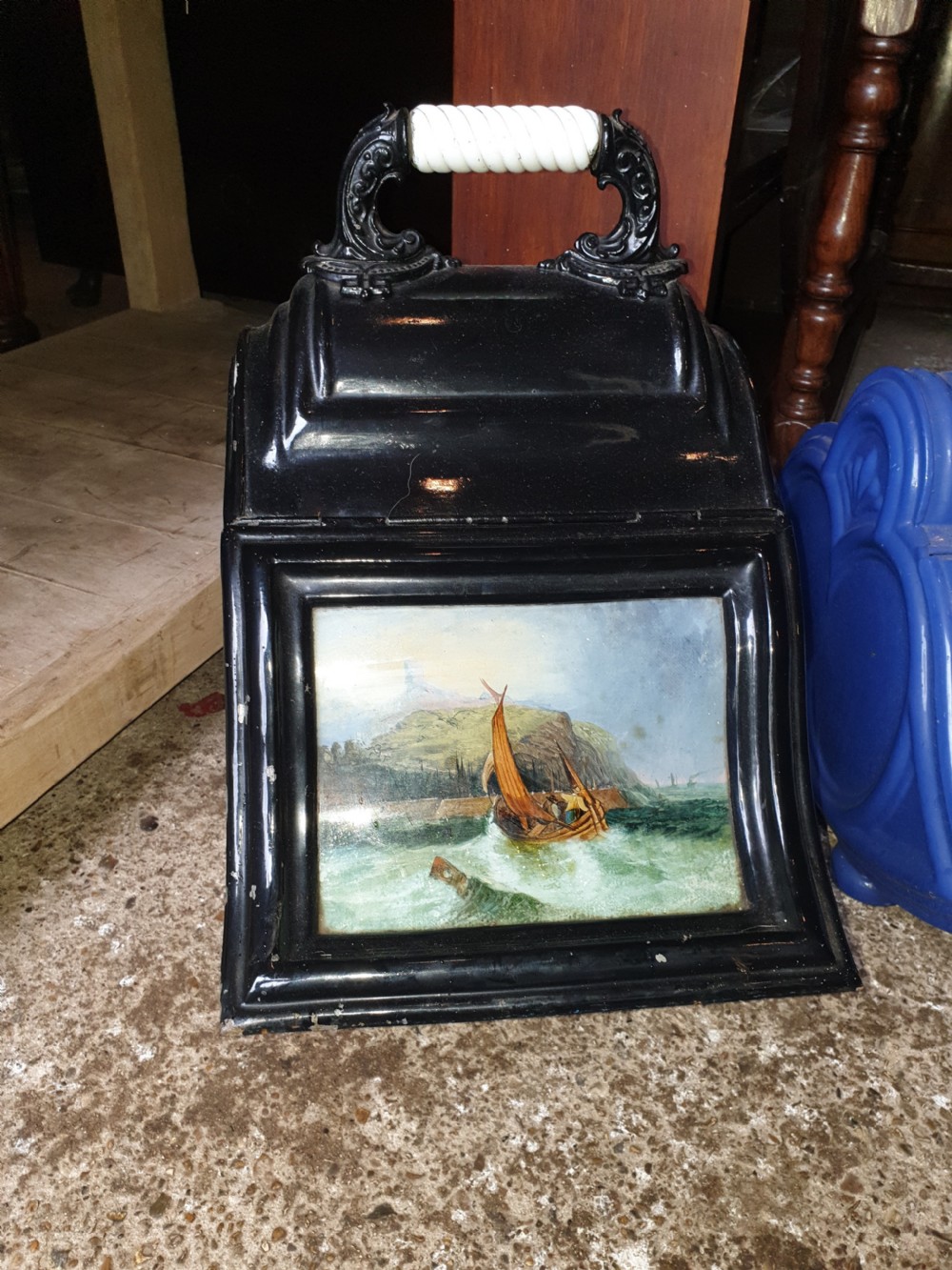 2 19th century coal scuttles with paintings to the lids  View V