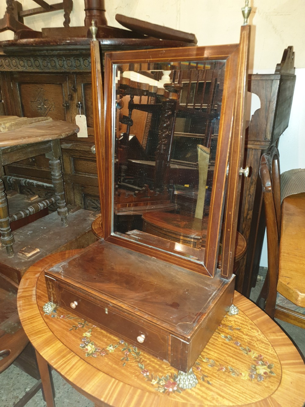 Inlaid dressing table mirror with brass feet. View II
