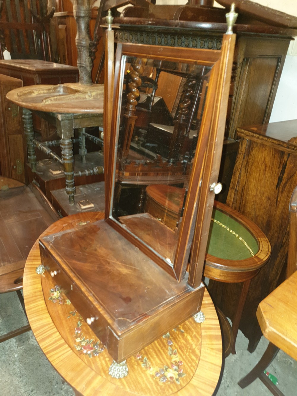Inlaid dressing table mirror with brass feet. View III