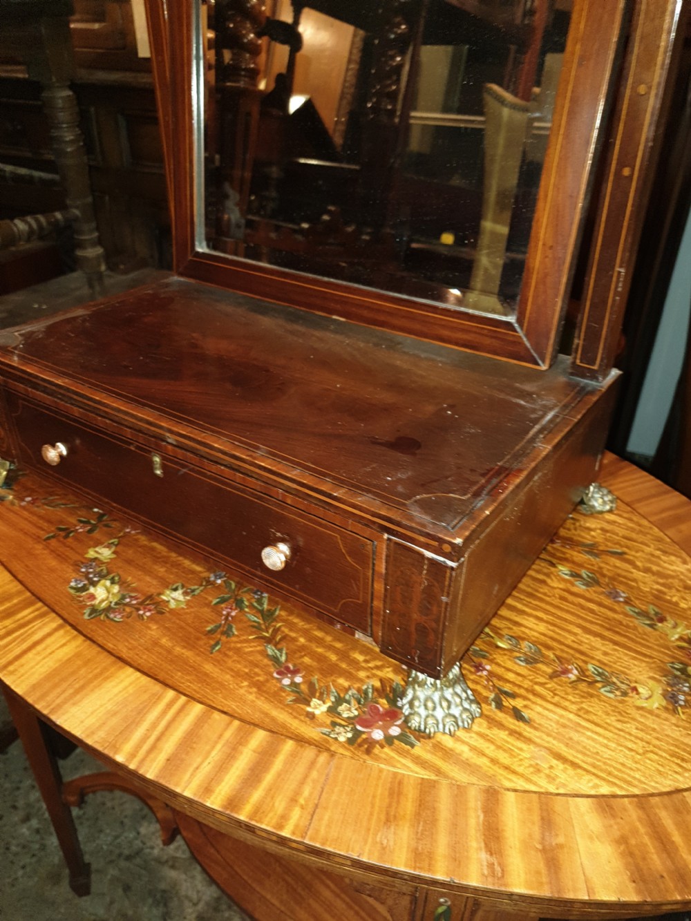 Inlaid dressing table mirror with brass feet. View IV