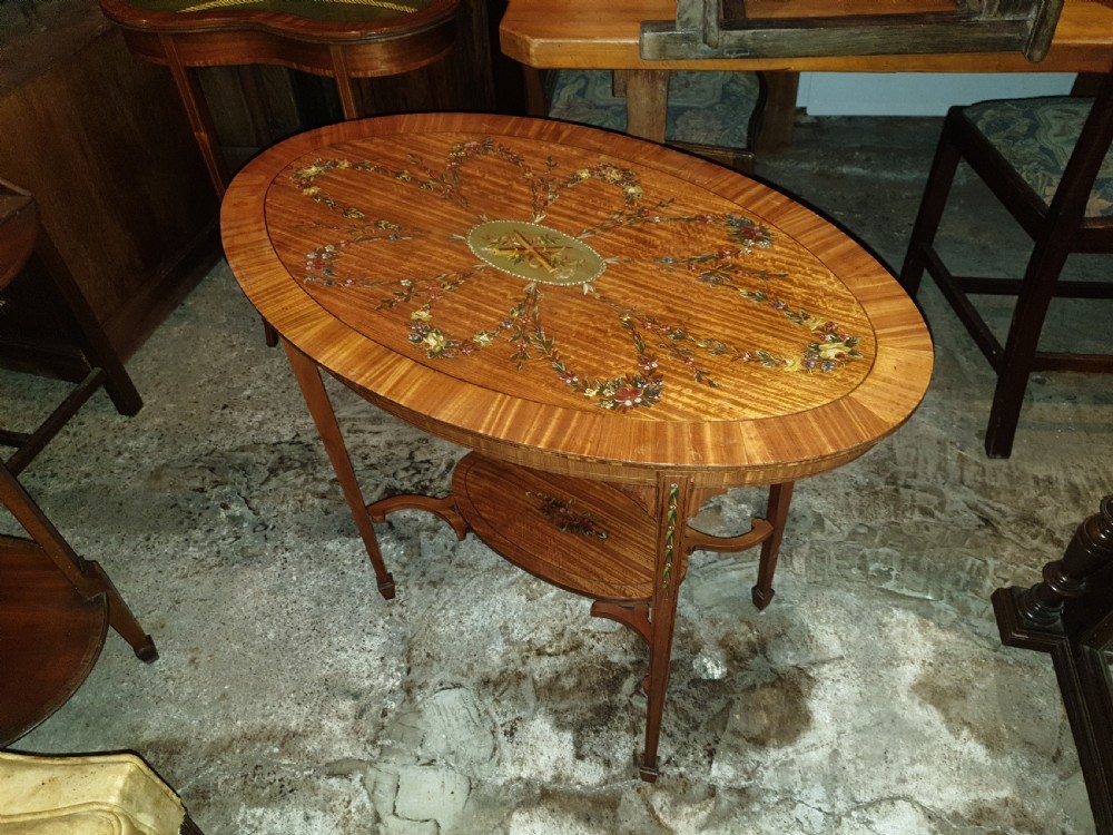 Edwardian inlaid and painted satinwood occasional table  View II