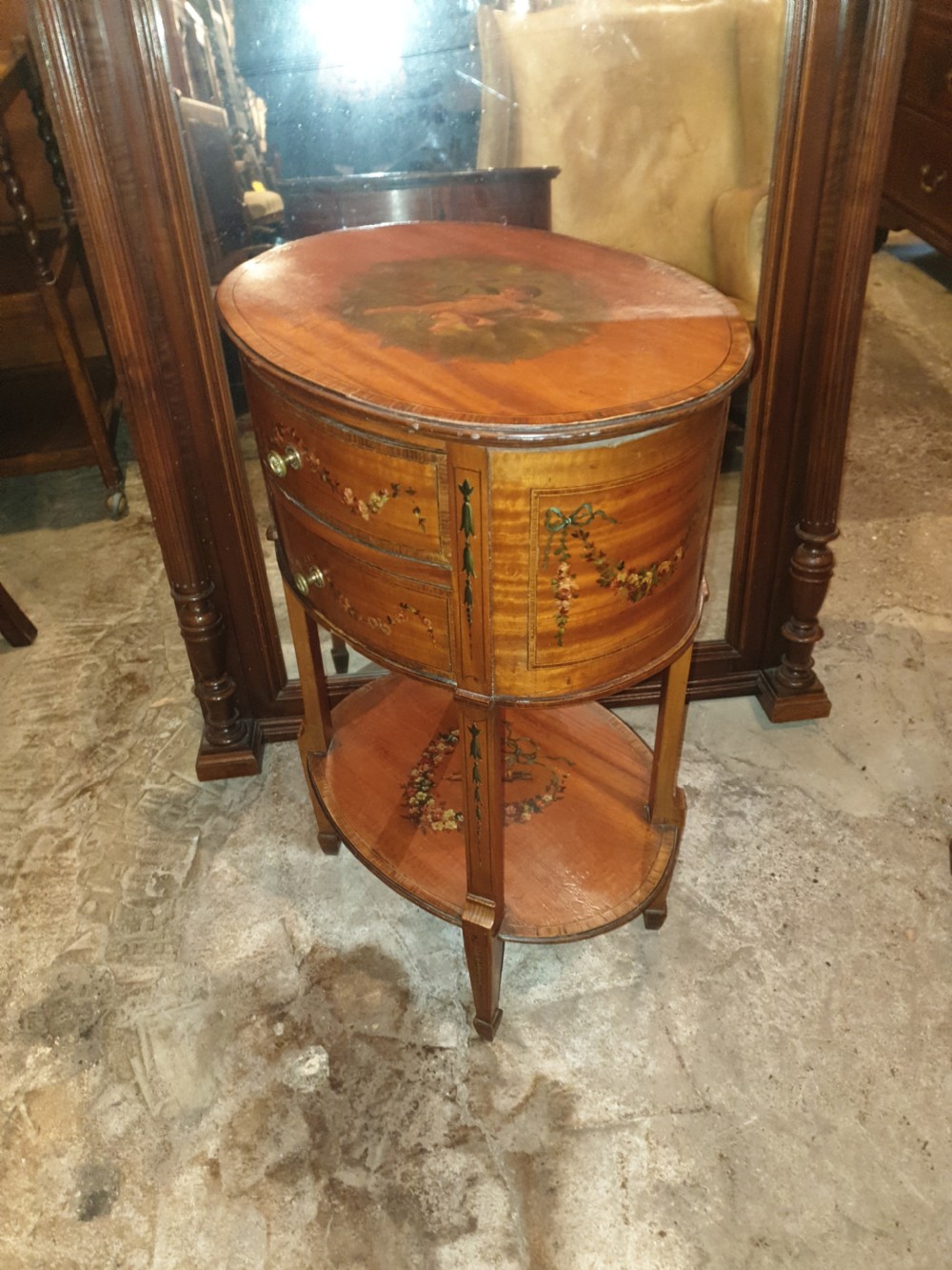 Edwardian inlaid and painted satinwood 2 drawer chest View III