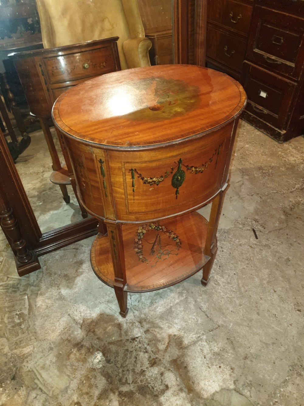 Edwardian inlaid and painted satinwood 2 drawer chest View IV
