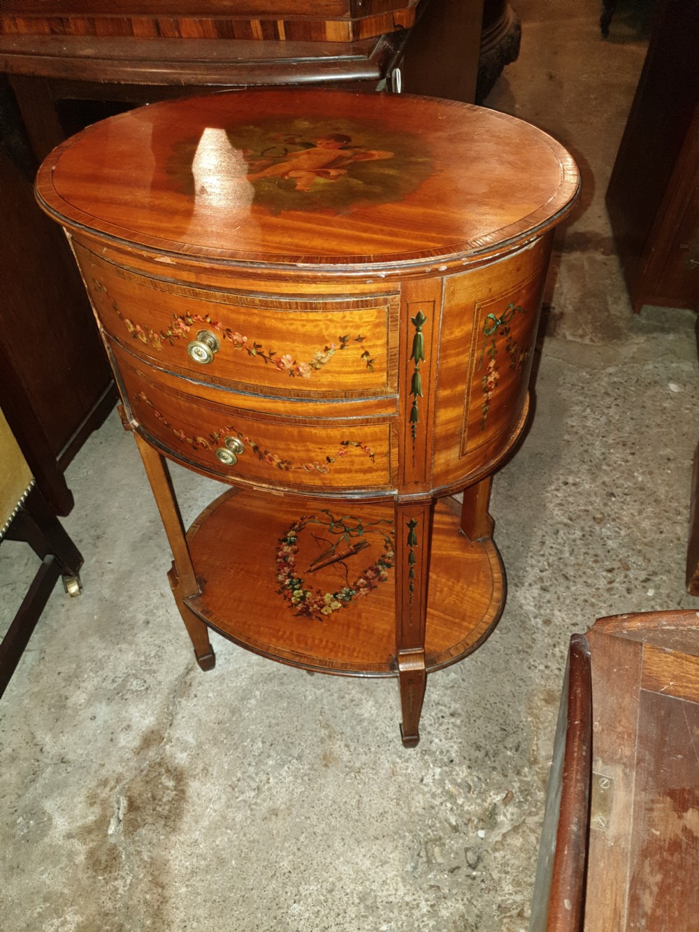 Edwardian inlaid and painted satinwood 2 drawer chest View VII