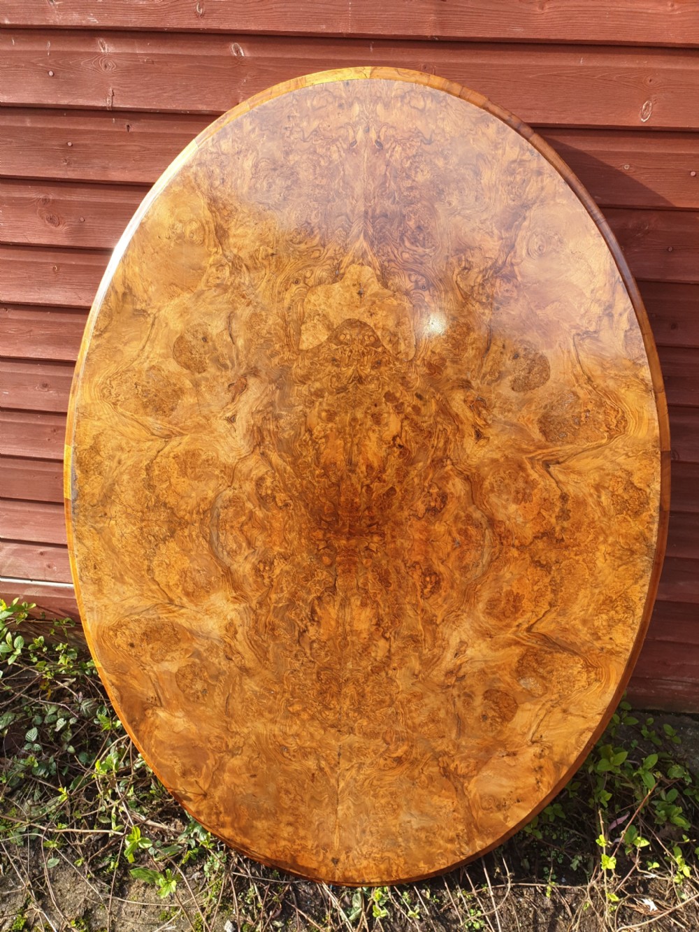 Good Victorian walnut oval table top. View III