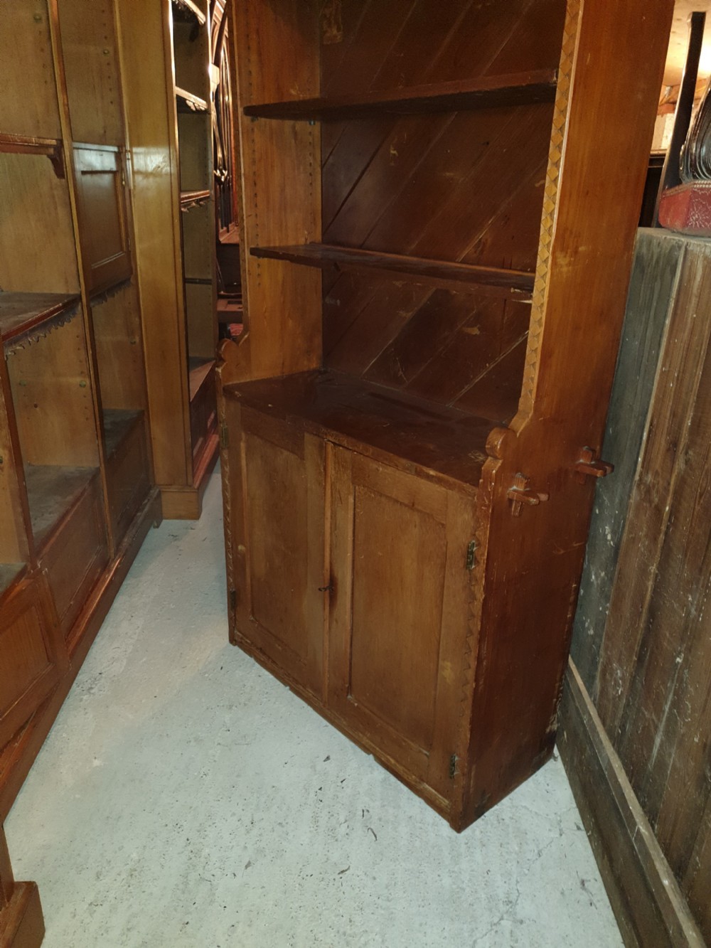 Late Victorian arts and crafts pine bookcase cabinet.  View II
