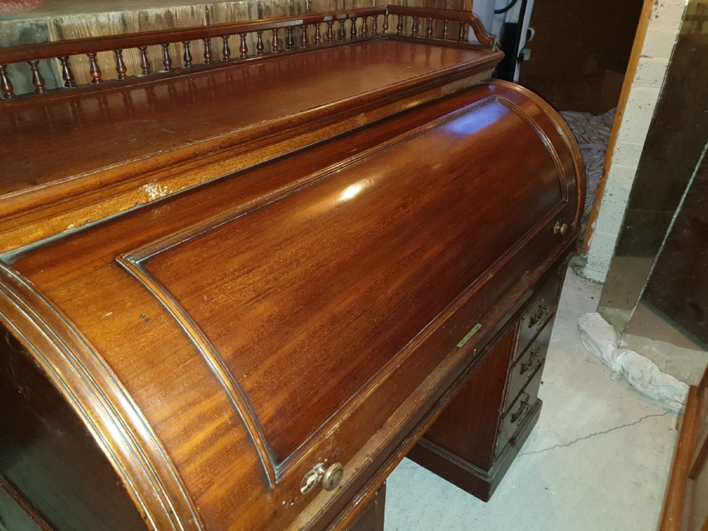 Large Victorian mahogany cylinder top pedestal desk  View II