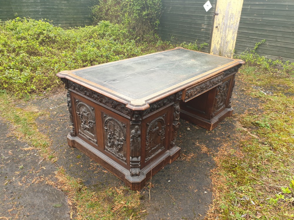 Large Carved oak Gothic pedestal partners desk  View II