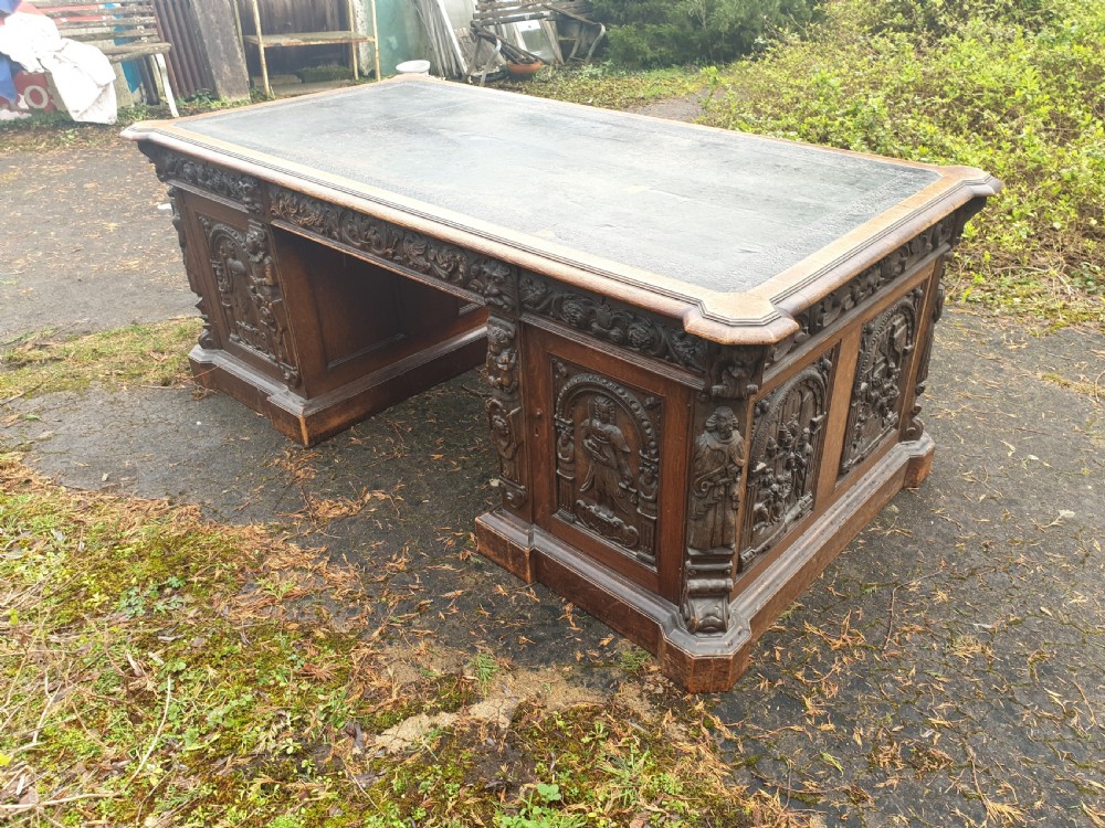 Large Carved oak Gothic pedestal partners desk  View III