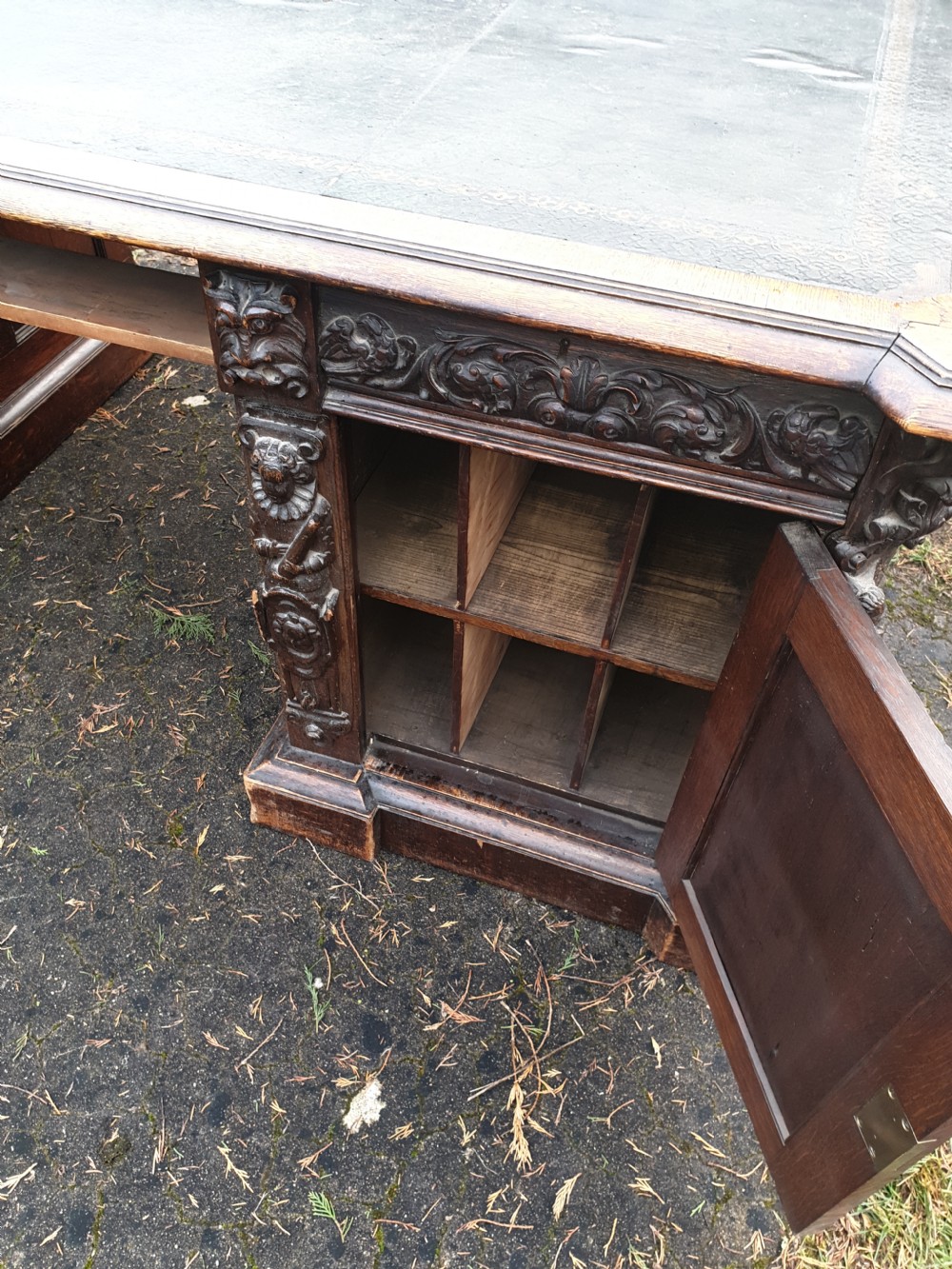 Large Carved oak Gothic pedestal partners desk  View IV