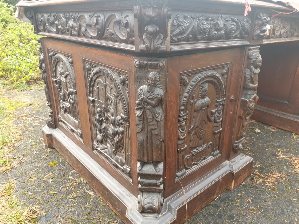 Large Carved oak Gothic pedestal partners desk  View V