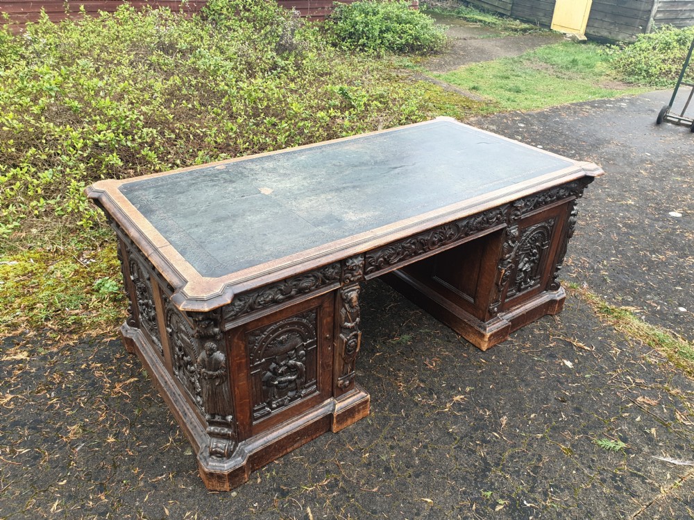 Large Carved oak Gothic pedestal partners desk  View VI