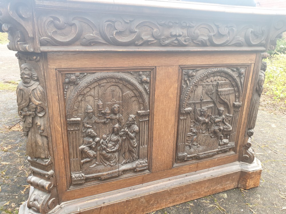 Large Carved oak Gothic pedestal partners desk  View VII