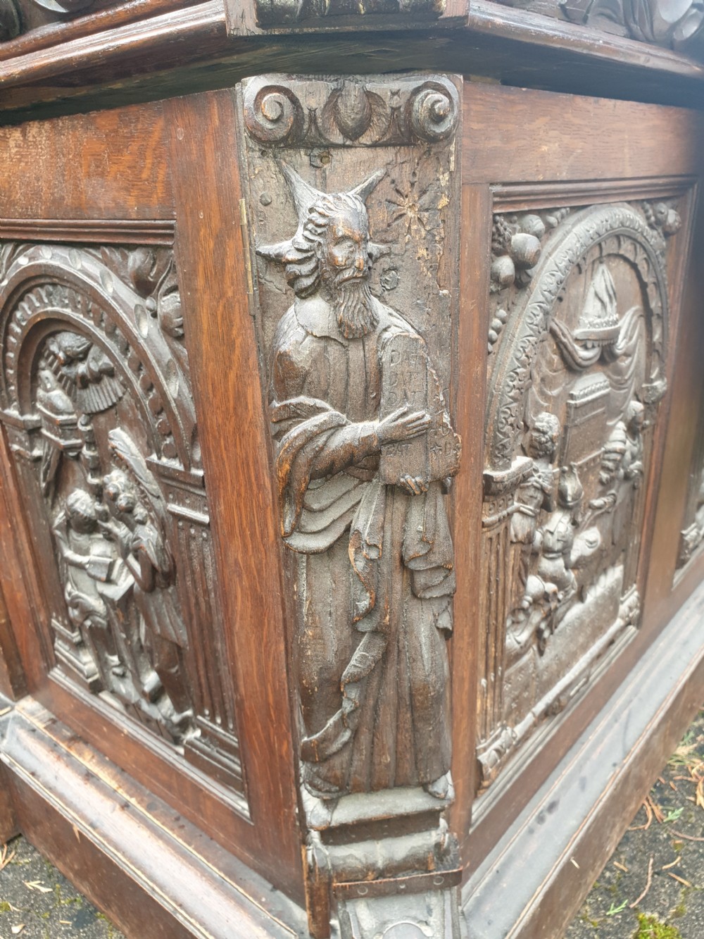 Large Carved oak Gothic pedestal partners desk  View X
