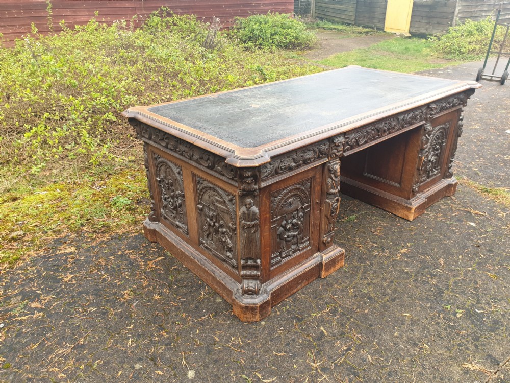 Large Carved oak Gothic pedestal partners desk  View XI