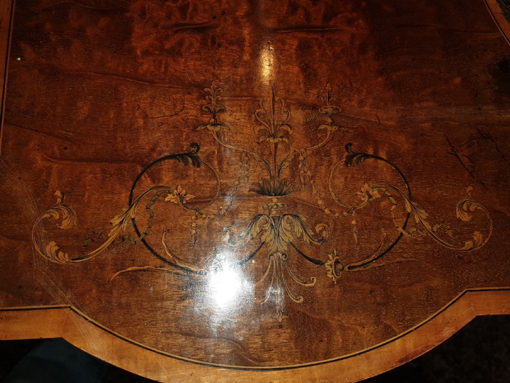 Edwardian inlaid mahogany writing desk. View II