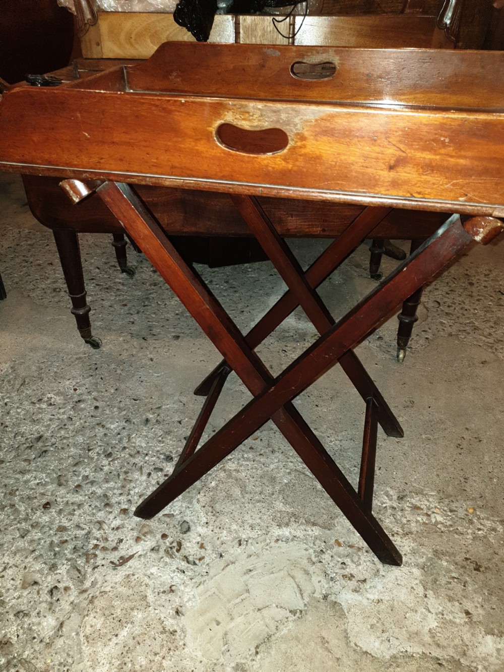 Mid Victorian mahogany butlers tray on folding stand   View II