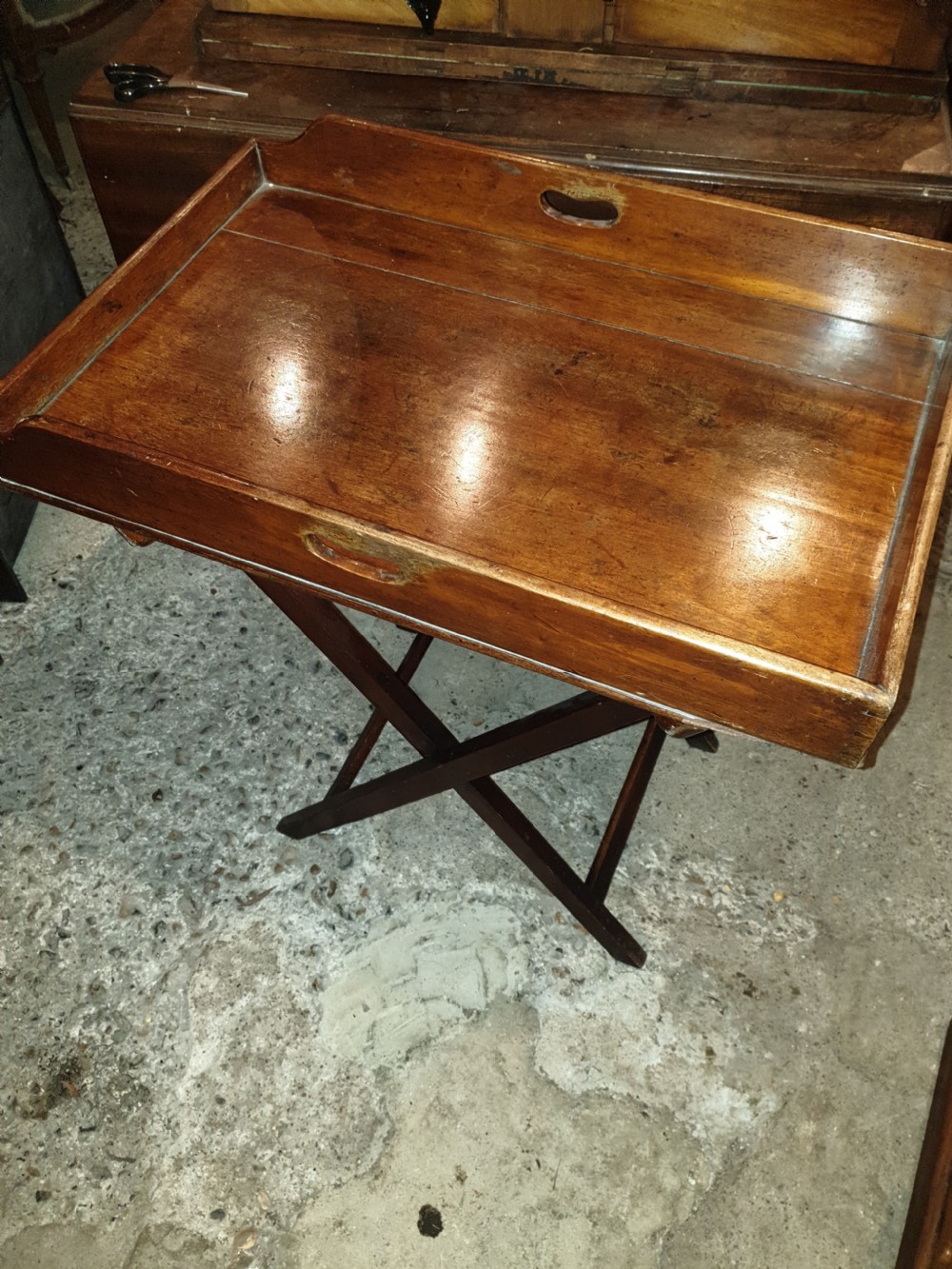 Mid Victorian mahogany butlers tray on folding stand   View III