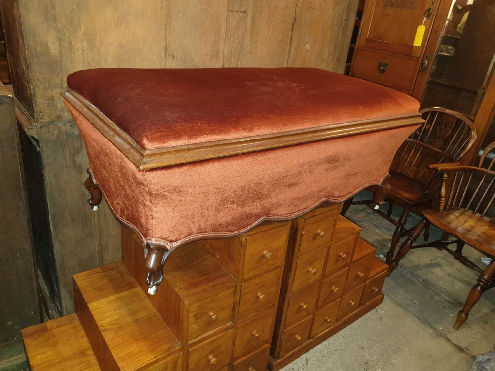 Large Victorian mahogany frame upholstered box ottoman stool View X